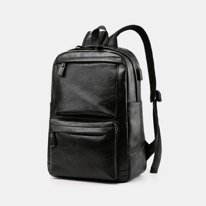 Men USB Charging Faux Leather Business Retro Large Capacity Waterproof 15.6 Inch Laptop Bag Backpack - MRSLM