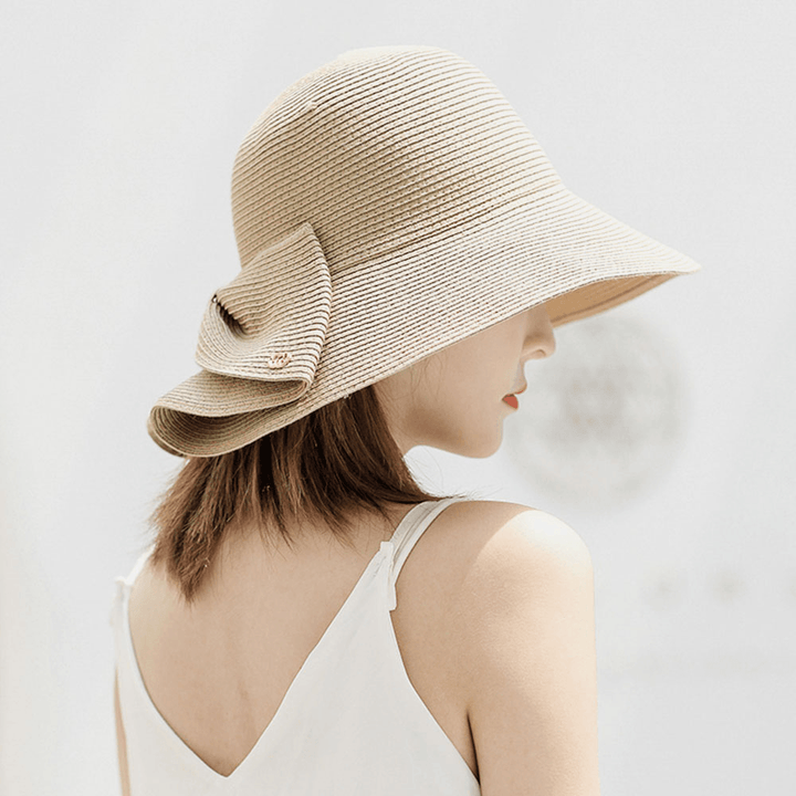 Women Foldable Rear Split Design Bow Straw Hat Adjustable Breathable Summer Casual Wild Sunshade Bucket Hat - MRSLM