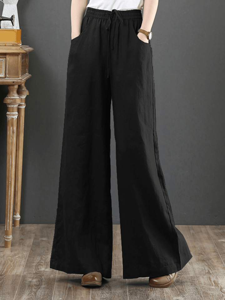 Women Solid Color Elastic Waist Drawstring Wide Leg Pants with Pocket - MRSLM