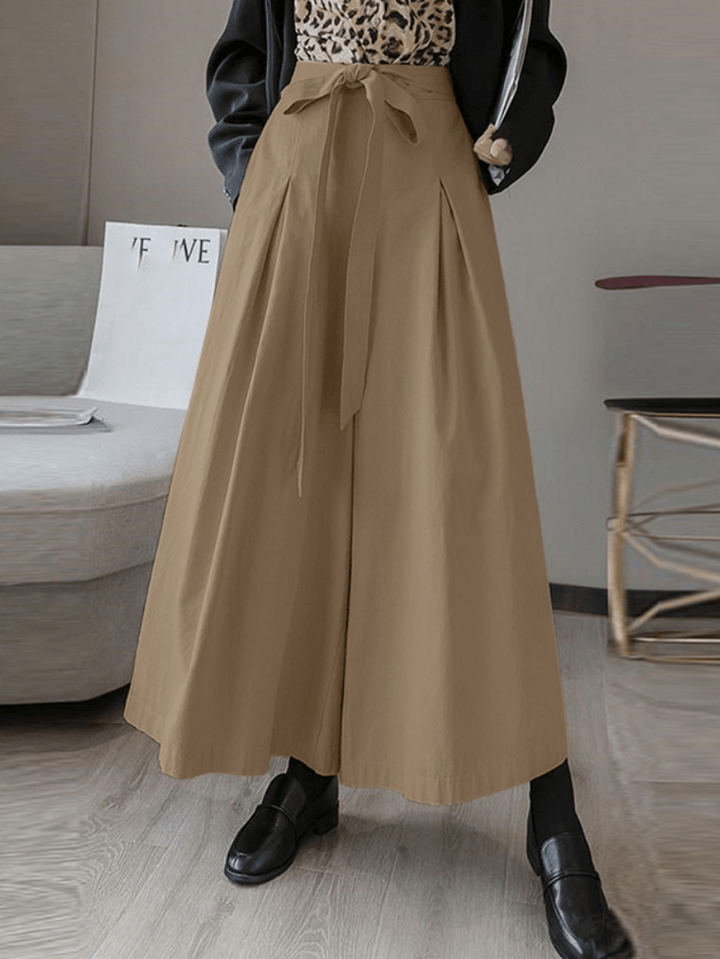 Women Solid Color Tie Front Casual Wide Leg Pants with Pocket - MRSLM