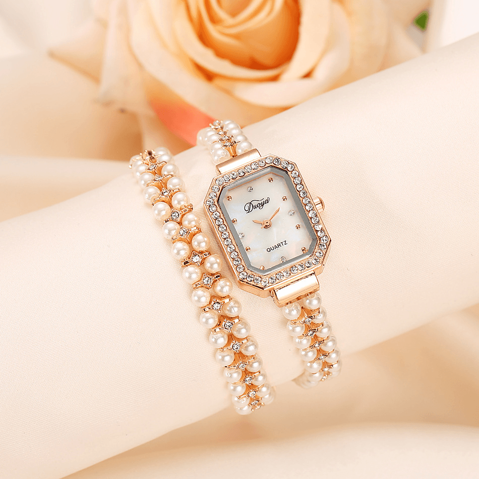 DUOYA Women Pearl Bracelet round Square Crystal Case Quartz Watch - MRSLM