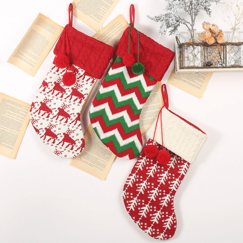 Knitted Christmas Stockings Gift Holders with Two Pom-Poms Xmas Tree Fireplace Hanging Ornaments Chrismas Decorations Sock - MRSLM