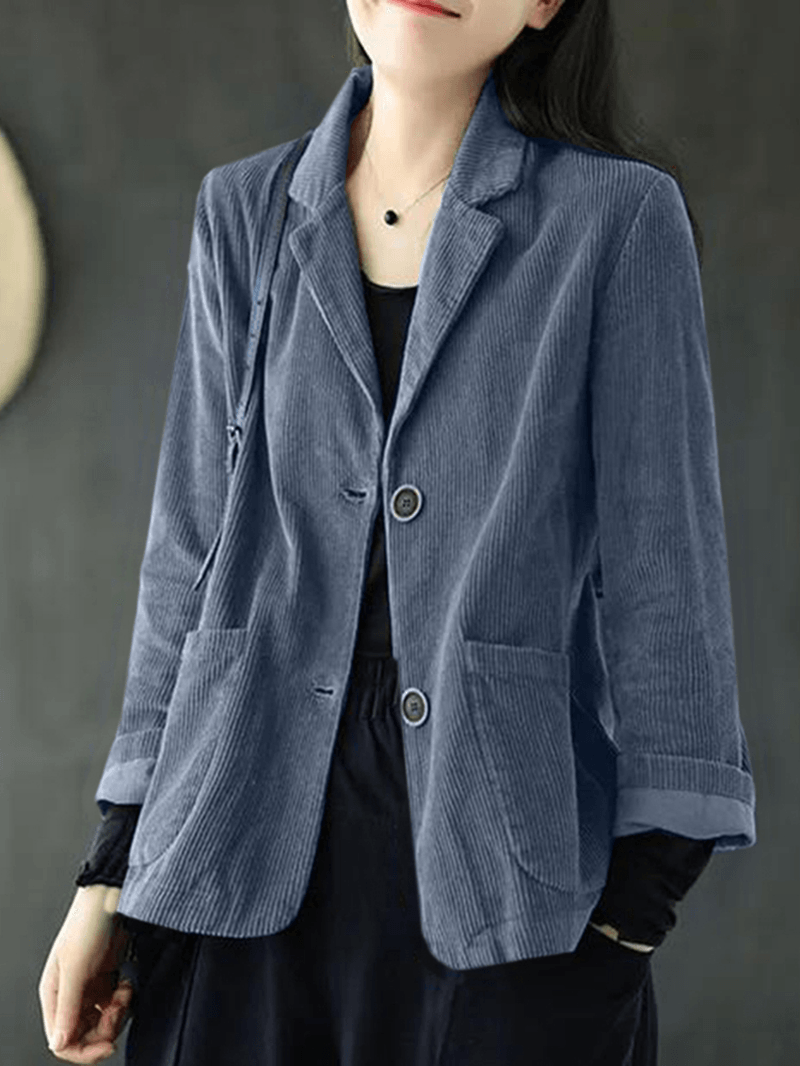 Women Corduroy Solid Korean Style Button down Front Pockets Coats - MRSLM