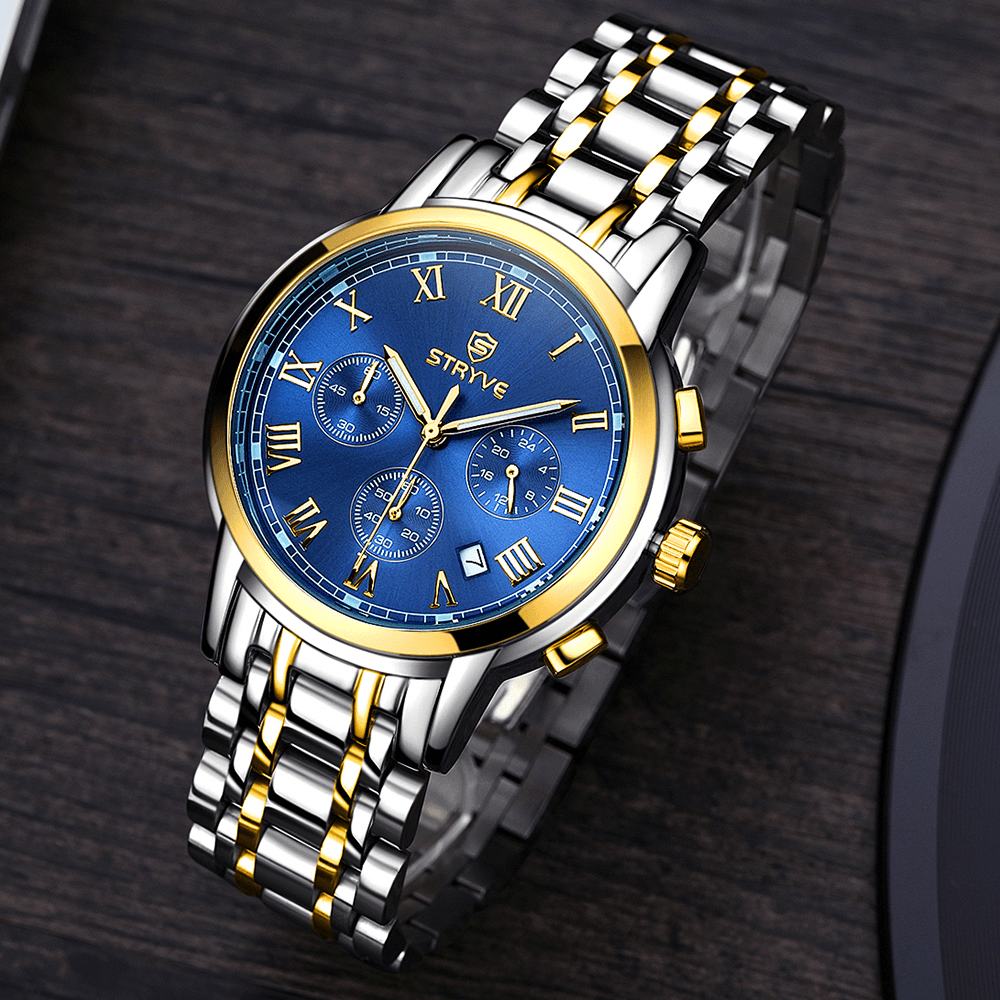 STRYVE S9601 Luminous Display Fashion Stainless Steel Strap Zinc Alloy Case 24Hours Display Men Quartz Watch - MRSLM