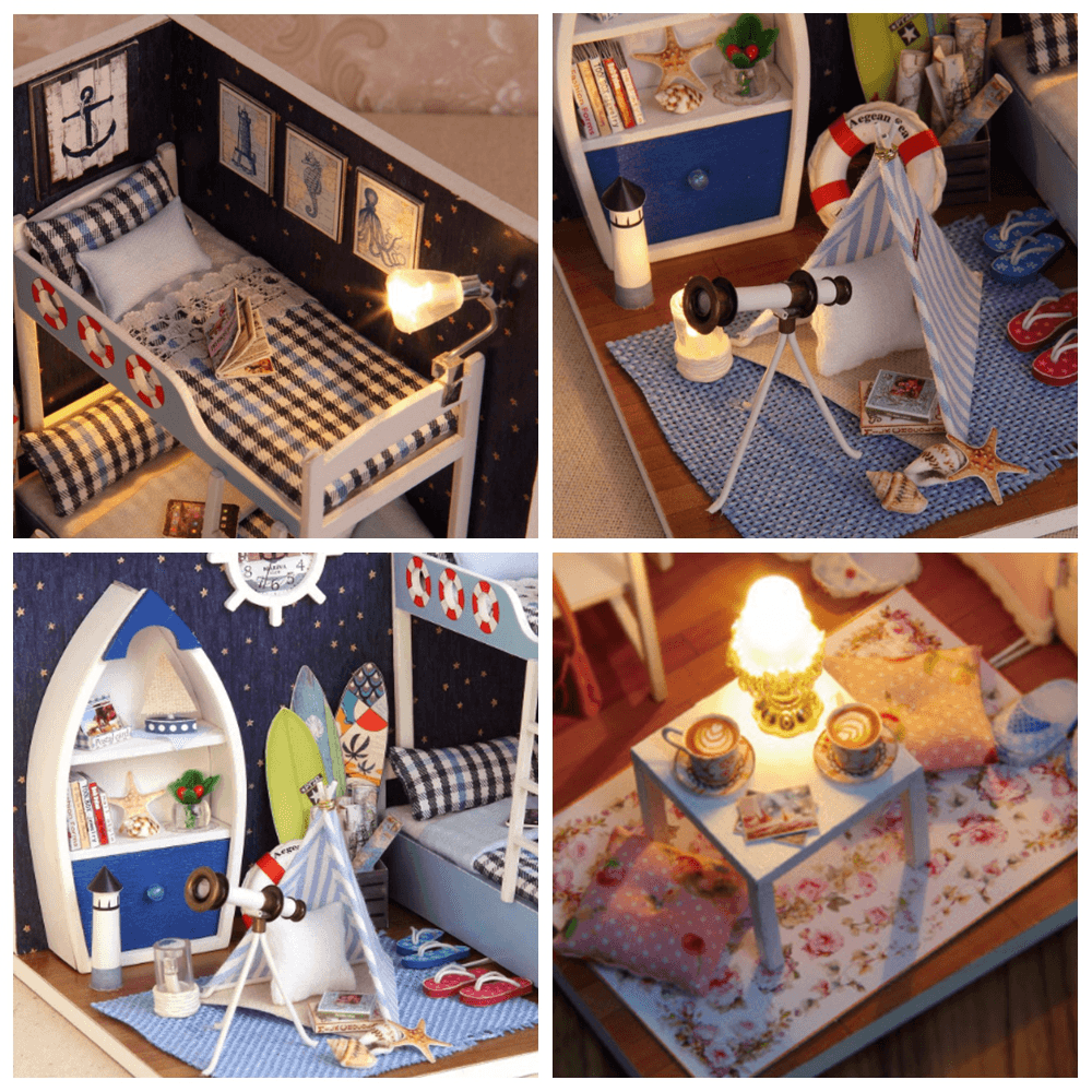 Creative Room DIY Handmade Assembly Doll House Miniature Furniture Kit with LED Light Dust Proof Cover Toy for Kids Birthday Gift Home Decoration Collection - MRSLM