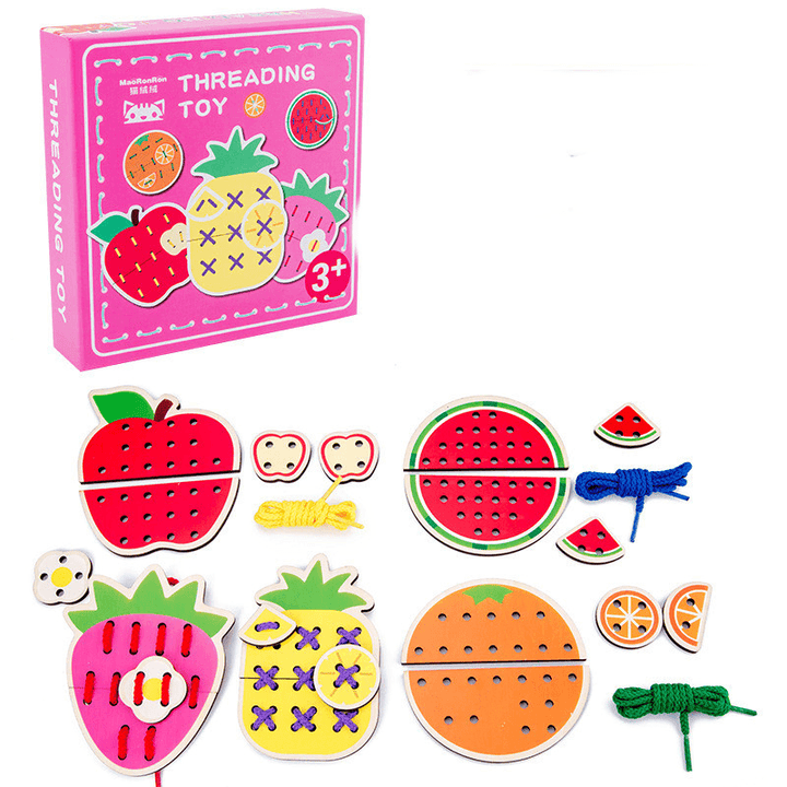 Wooden Early Education Fruit Animal Handmade Puzzle Beaded Stringing Toy - MRSLM