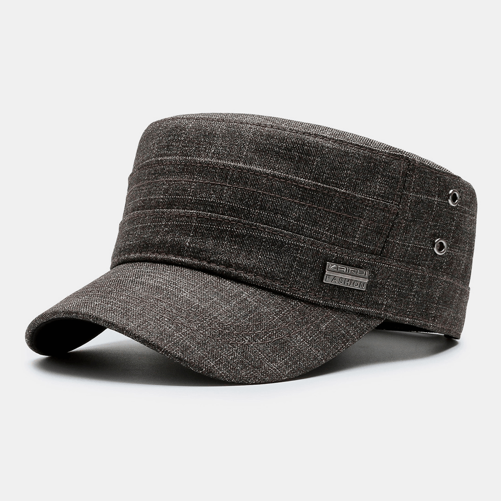 Men Cotton Dark Lattice Letter Metal Label Outdoor Sunshade Casual Military Hat Flat Cap Peaked Cap - MRSLM