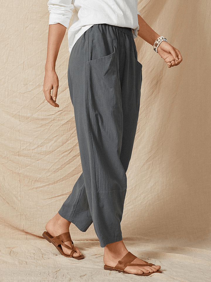 Pure Color Elastic Waist Pocket Plain Casual Cotton Women Harem Pants - MRSLM