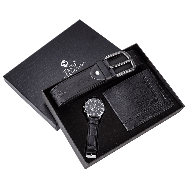 XSVO 3Pcs Men Gift Set Classic Business Leather Wristband Male Quartz Watch Folding Wallet Belt - MRSLM