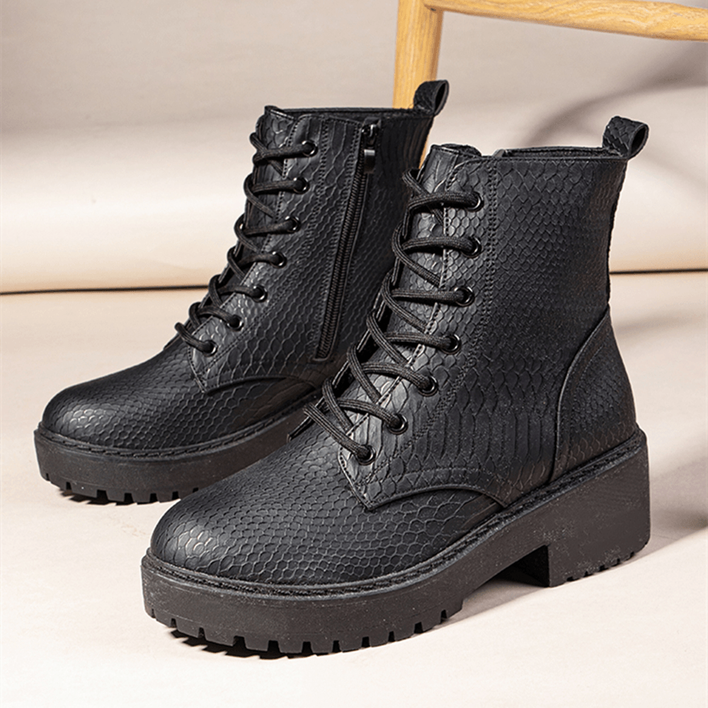 Women Wearable Serpentine Lace up Chunky Heel Combat Boots - MRSLM