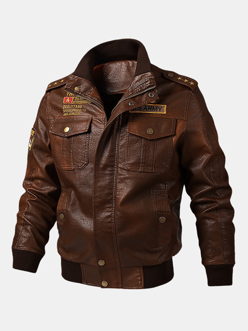 Mens PU Leather Badge Zip Front Biker Jackets with Flap Pockets - MRSLM