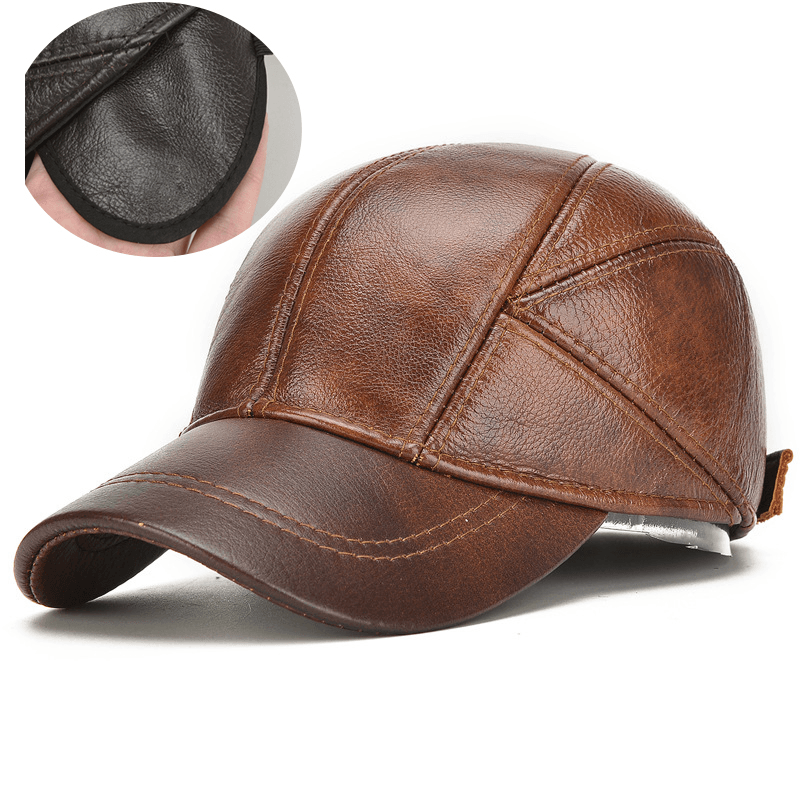 Collrown Mens Winter Warm Genuine Leather Baseball Cap Earflap Ear Muffs Windproof Outdoor Trucker Hats - MRSLM