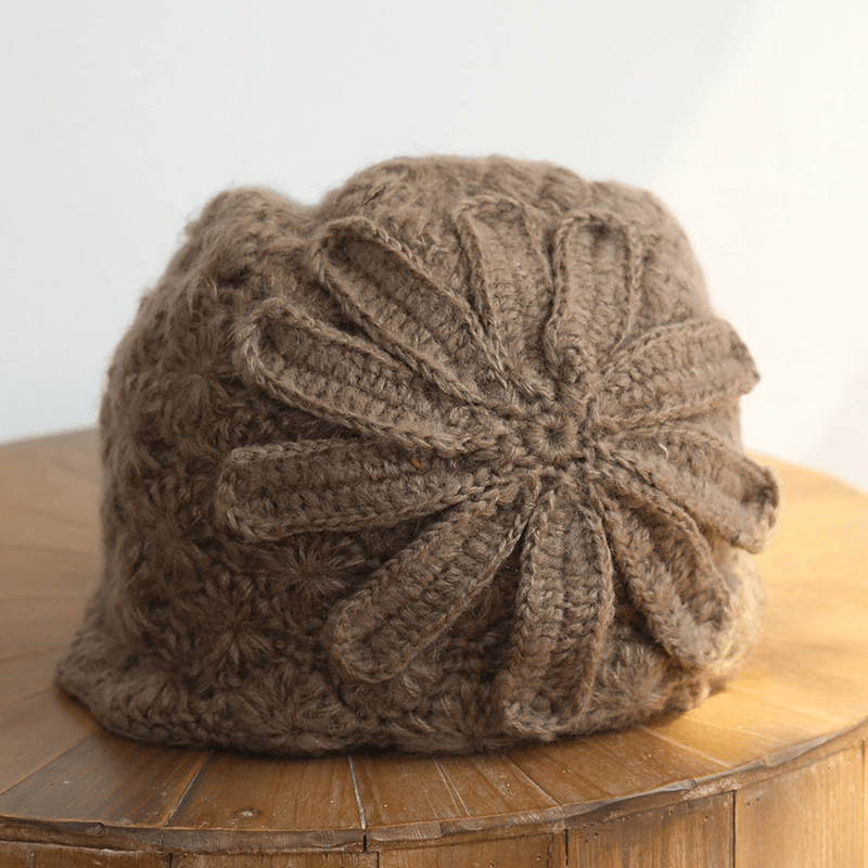 Ethnic Style Handmade Knitted Wool Hat Women Retro Elegant Flower Beret Beanie - MRSLM