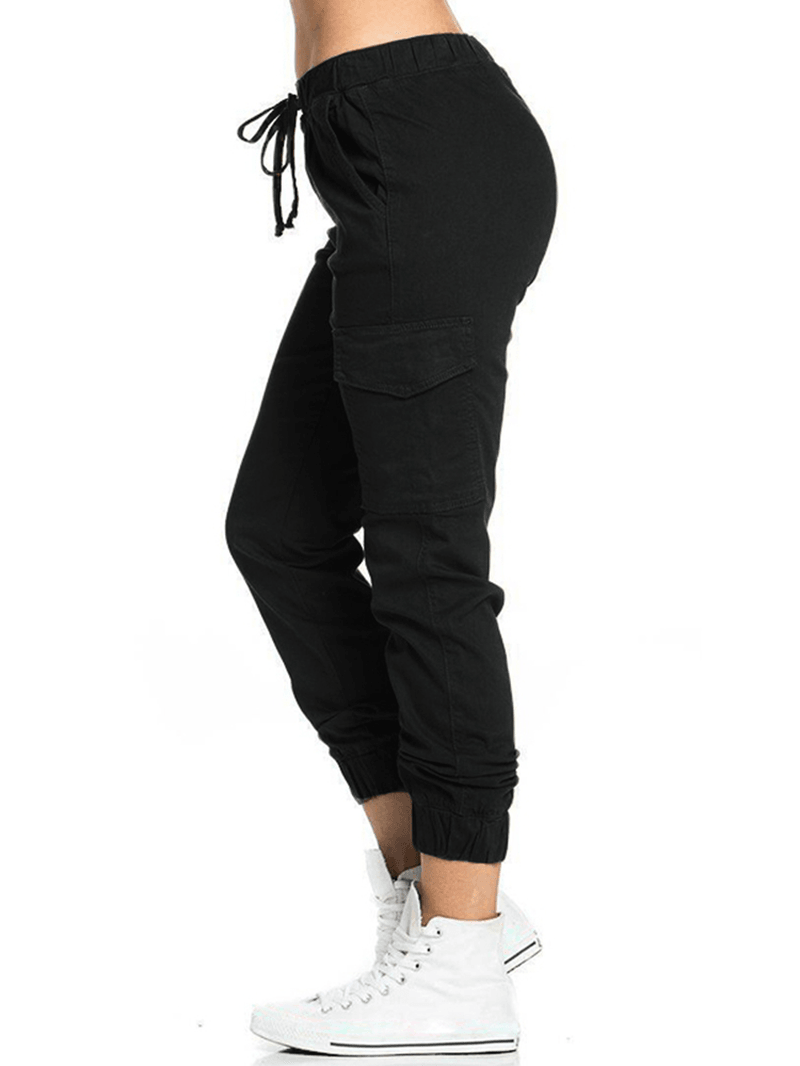 Women Casual Elastic Waist Drawstring Side Pockets Pants - MRSLM