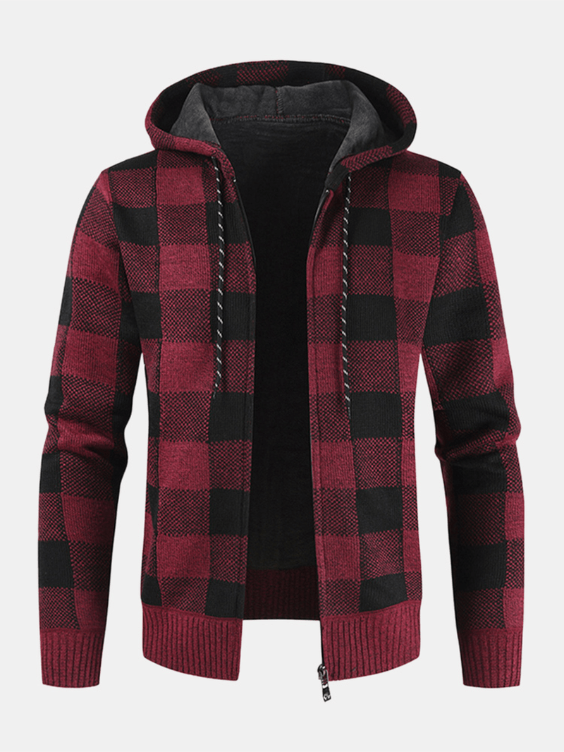 Mens Vintage Plaid Warm Zipper Warm Hooded Sweater Jacket - MRSLM