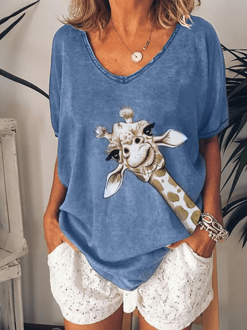 Giraffe Print V-Neck Women Casual Loose Blouse - MRSLM