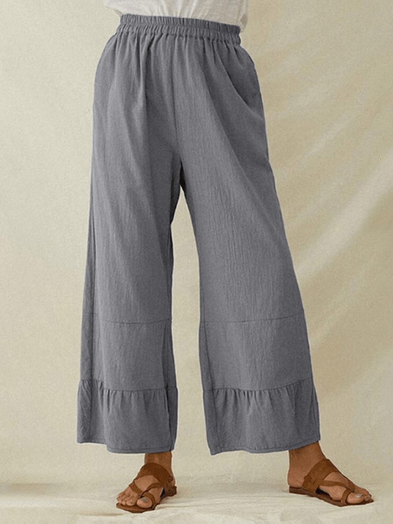 Women Cotton Plain Ruffle Cuff Elastic Waist Loose Casual Solid Wide Leg Pants - MRSLM