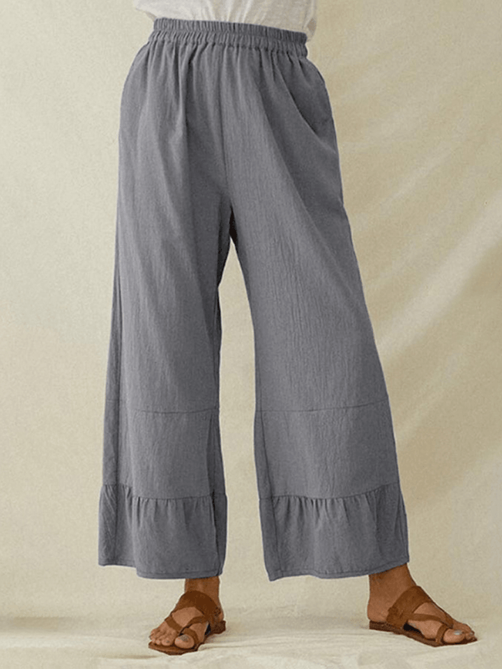 Women Cotton Plain Ruffle Cuff Elastic Waist Loose Casual Solid Wide Leg Pants - MRSLM