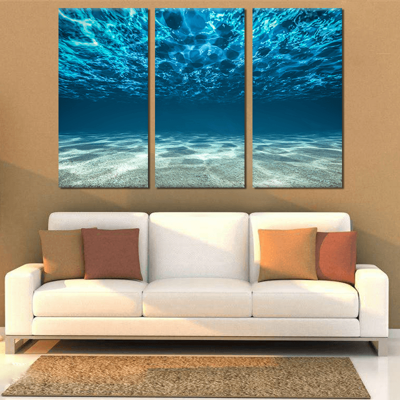 Miico Hand Painted Three Combination Decorative Paintings Light Blue Seawater Wall Art for Home Decoration - MRSLM