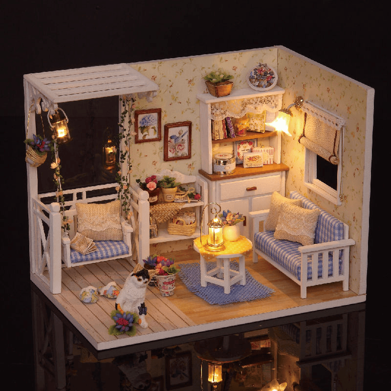 Cuteroom 1/24 Dollhouse Miniature DIY Kit with LED Light Cover Wood Toy Doll House Room Kitten Diary H-013 - MRSLM