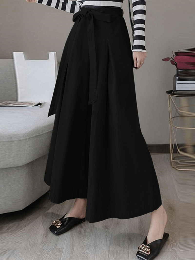 Women Solid Color Tie Front Casual Wide Leg Pants with Pocket - MRSLM