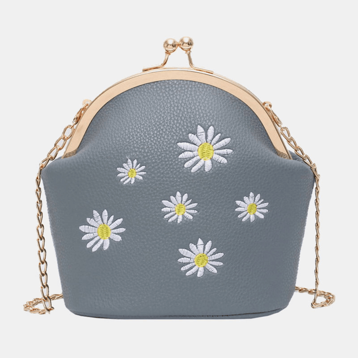 Women Daisy Embroidery Chains Hasp Crossbody Bag Shoulder Bag - MRSLM