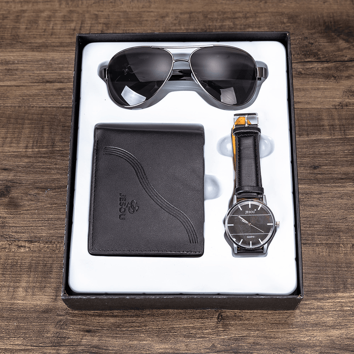 3PCS Men'S Fashion Gift Set Business Style Quartz Watch+Wallet +Sunglasses Set - MRSLM