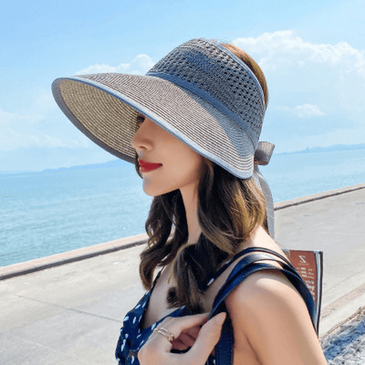 Sun Hat Women'S Big Brim Hollow Top Hat Hollow Summer Outdoor Big Brim No Top Folding Anti-Ultraviolet Sunscreen - MRSLM