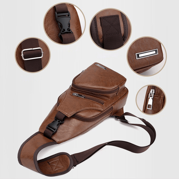 Casual Outdoor Travel USB Charging Port Sling Bag Leather Chest Bag Crossbody Bag - MRSLM