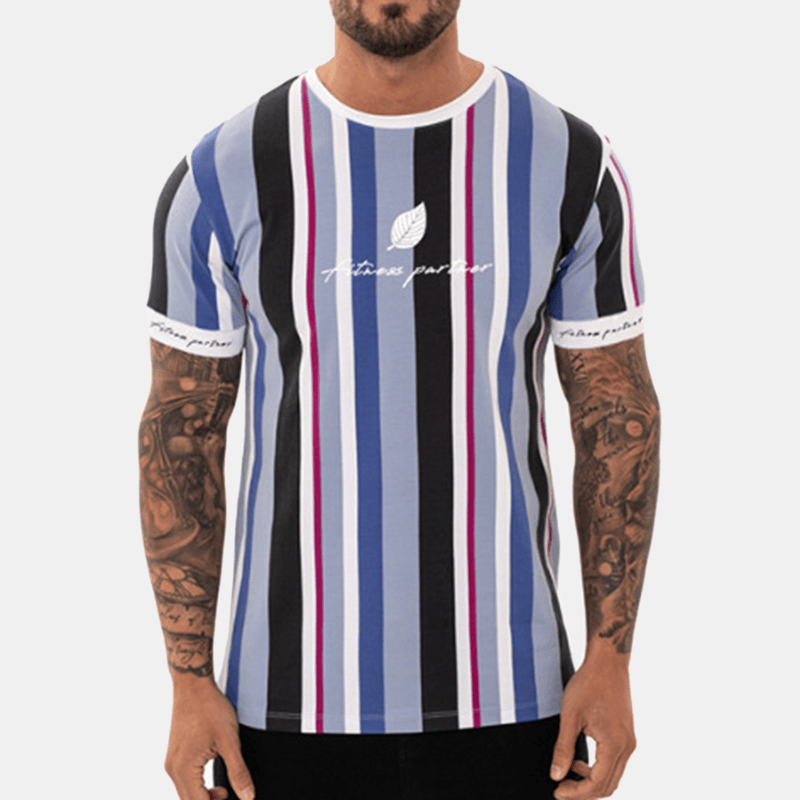 Men Vertical Stripe Short Sleeve Hawaiian T-Shirts - MRSLM