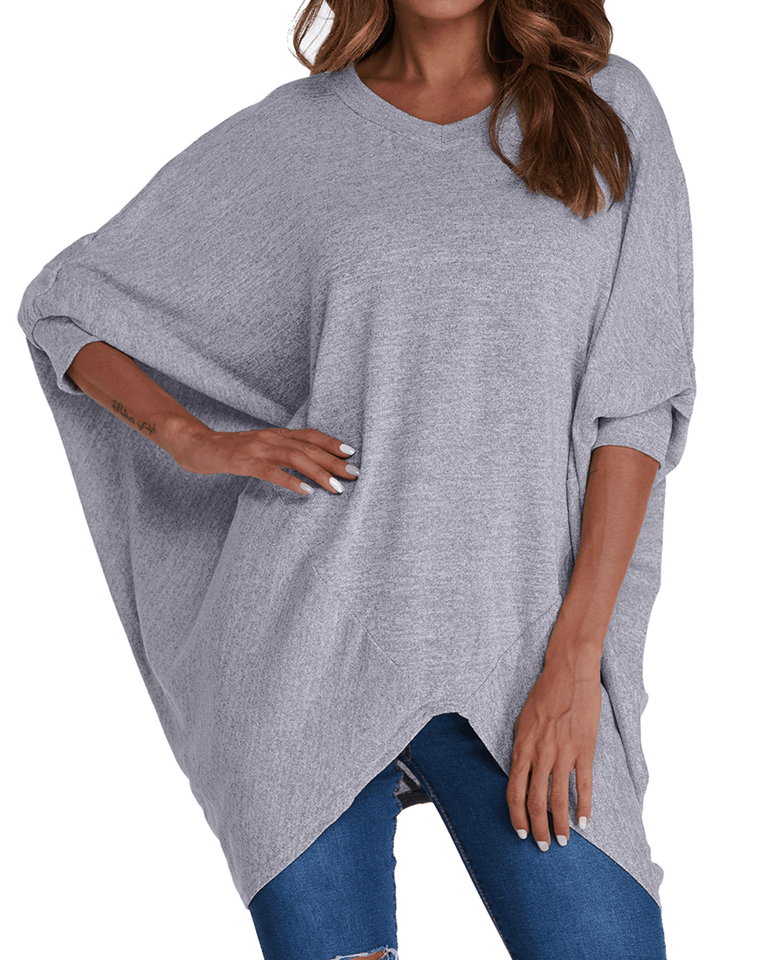 Women Pullover V Neck Long Sleeve Irregular Hem Casual Loose Blouse - MRSLM