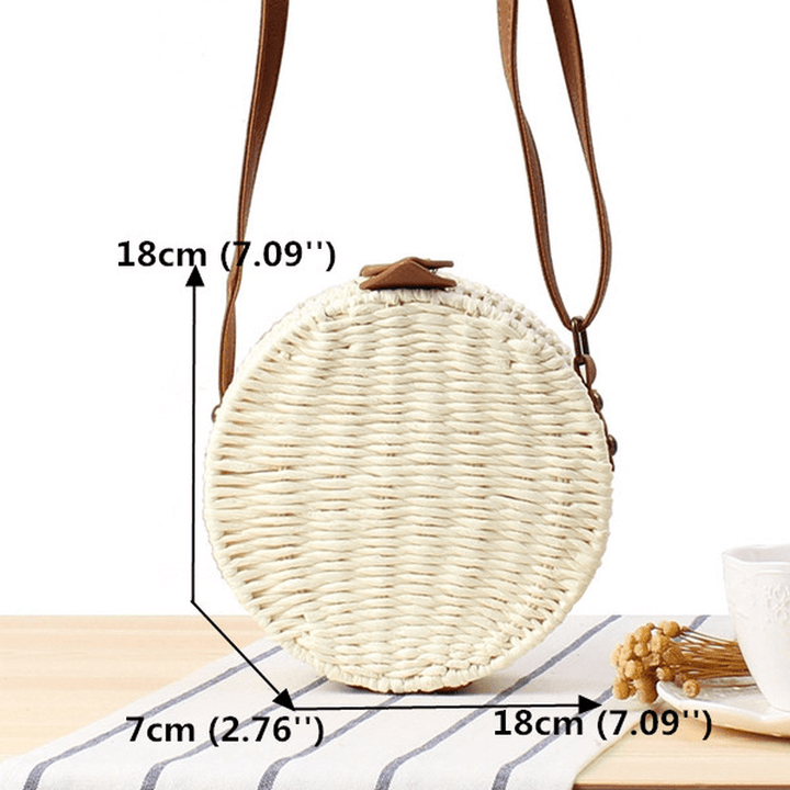 Women round Woven Straw Crossbody Bag Solid Beach Bag - MRSLM