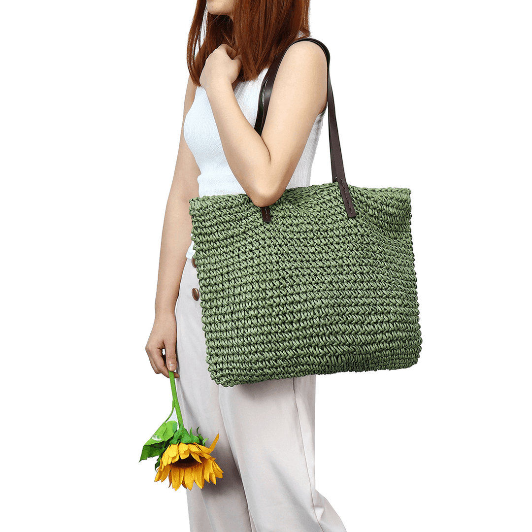 Outdoor Portable Straw Weave Handbag Tote Beach Bag Pack Pouch Shoulder Bag - MRSLM