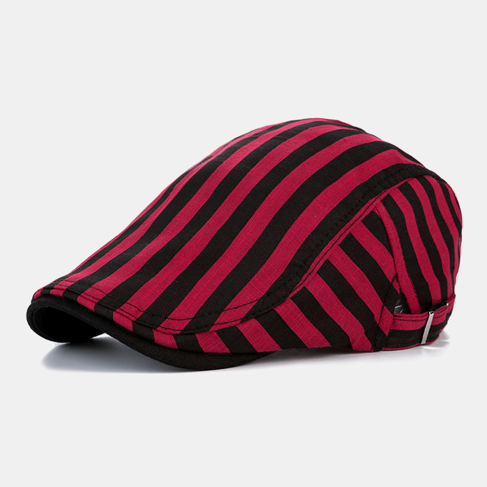 Men Cotton-Linen Striped Pattern Retro Forward Hat Flat Cap Beret Cap - MRSLM