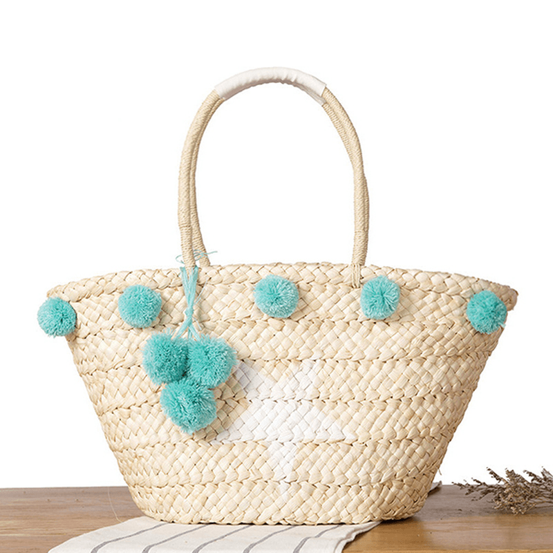 Women Woven Straw Beach Handbag Travel Plush Ball Bag Tote Bag - MRSLM