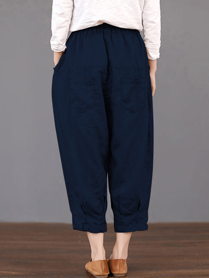 Women Solid Color Elastic Waist Loose Cotton Pants - MRSLM