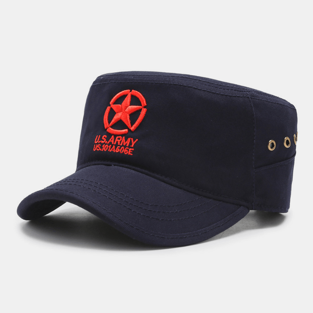 Men Five-Pointed Star Letter Pattern Embroidery Flat Top Cap Outdoor Casual Spring Autumn Sunshade Military Cap Cadet Army Caps - MRSLM