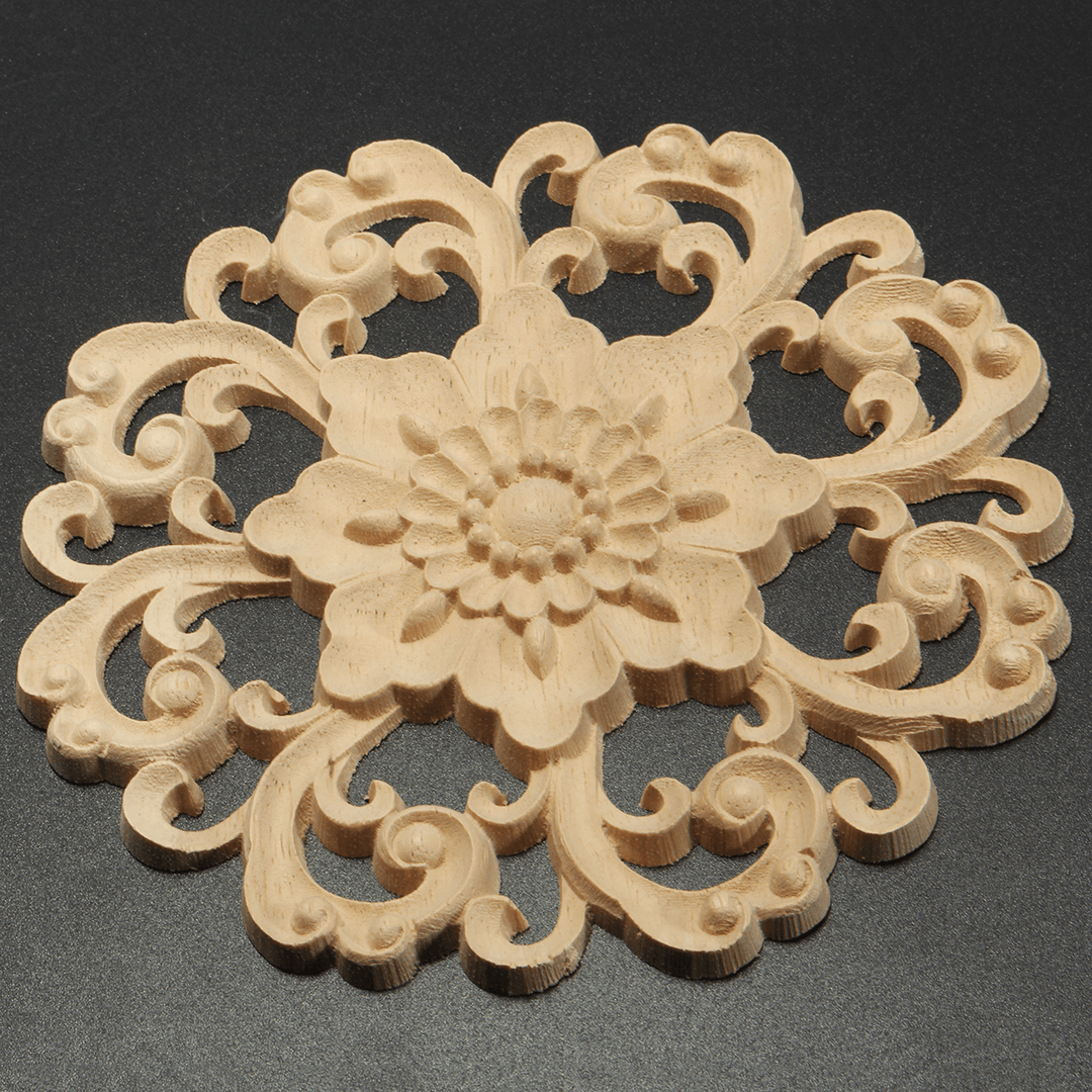 Wood Carved Onlay Applique Unpainted Flower Pattern Furniture Frame Door Decor 15Cm - MRSLM