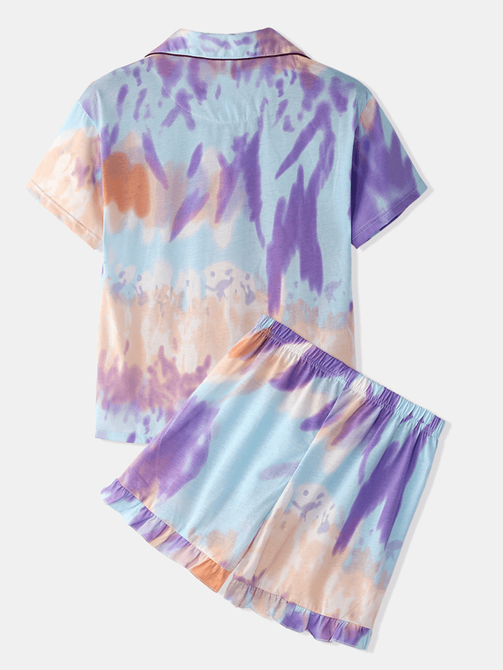 Women Tie Dye Button up Pocket Revere Collar Short Sleeve Home Pajama Set - MRSLM