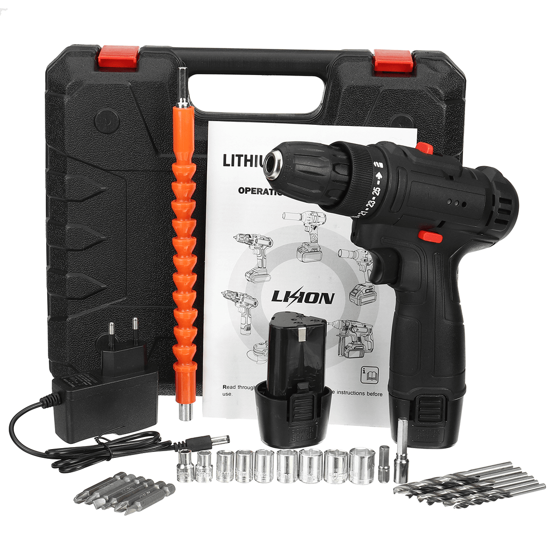 12V LED Cordless Electric Impact Hammer Drill Rechargeable Screwdriver W/ 2Pcs Battery - MRSLM