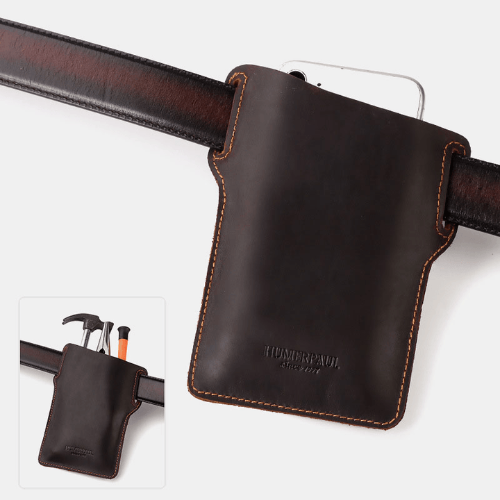 Men EDC Genuine Leather 6.5 Inch Phone Holder Sleeve Case Waist Belt Bag - MRSLM