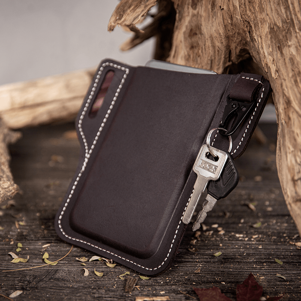 Men Genuine Leather Retro Easy Carry Car Keychain Phone Bag Belt Bag Waist Bag with Belt Loop - MRSLM