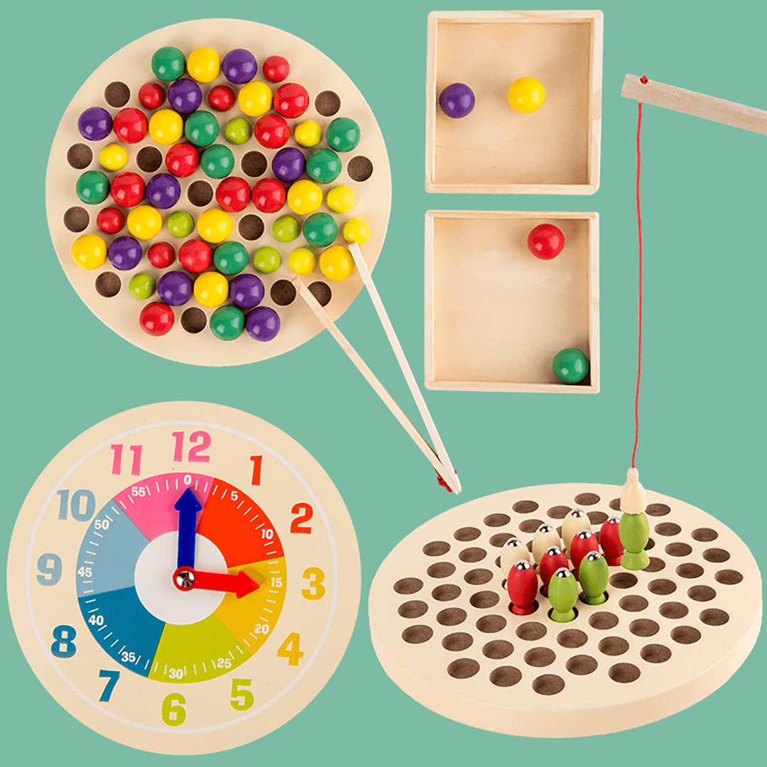 3 in 1 Wooden Kids Educational Toys Matching Pairs Clip Beads Fishing Clock Gift - MRSLM