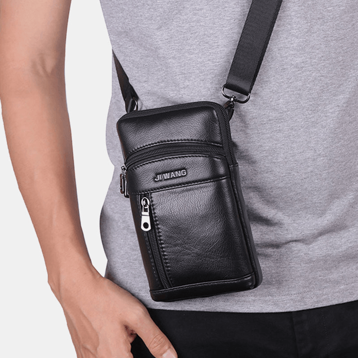 Men Genuine Leather 6.5 Inch Retro Phone Bag Belt Bag Crossbody Bag - MRSLM