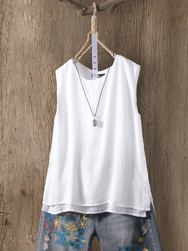 Women O-Neck Pure Color False Two-Piece Sleeveless Tank Tops - MRSLM