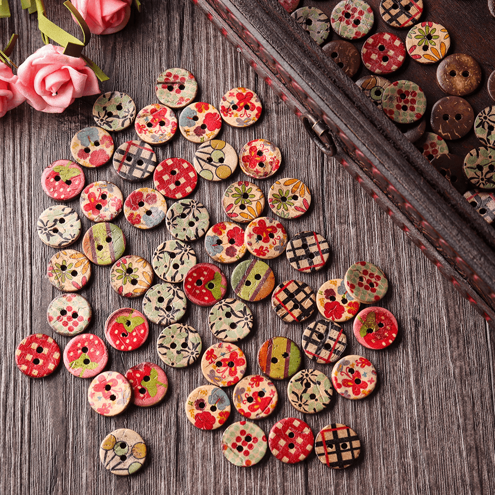 100 PCS round Pattern Wooden Button Mixed 2 Hole Natural Sewing Children Handmade Clothes Buttons - MRSLM