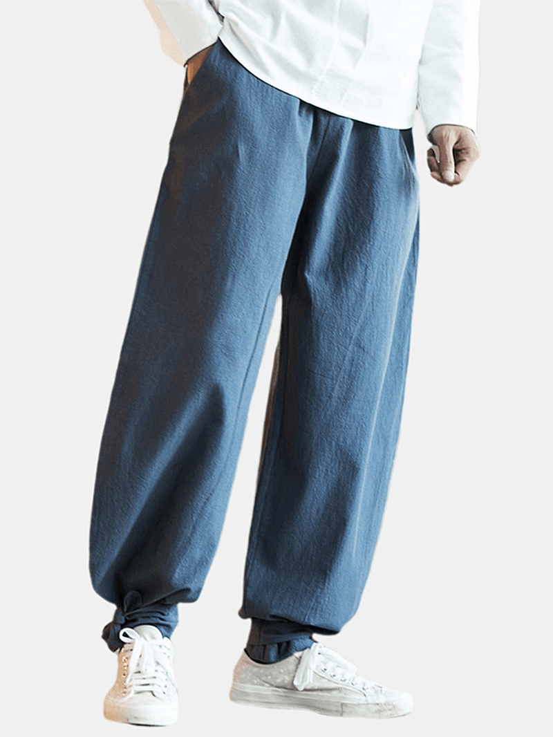 Mens Cotton Pure Color Elastic Waist Loose Comfy Casual Pants - MRSLM