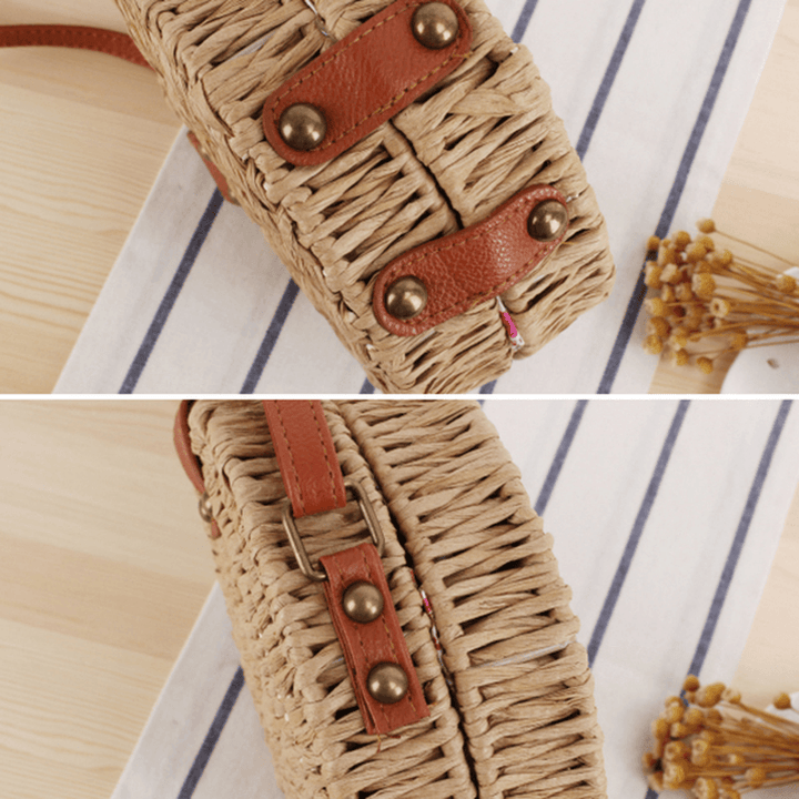 Women round Woven Straw Crossbody Bag Solid Beach Bag - MRSLM