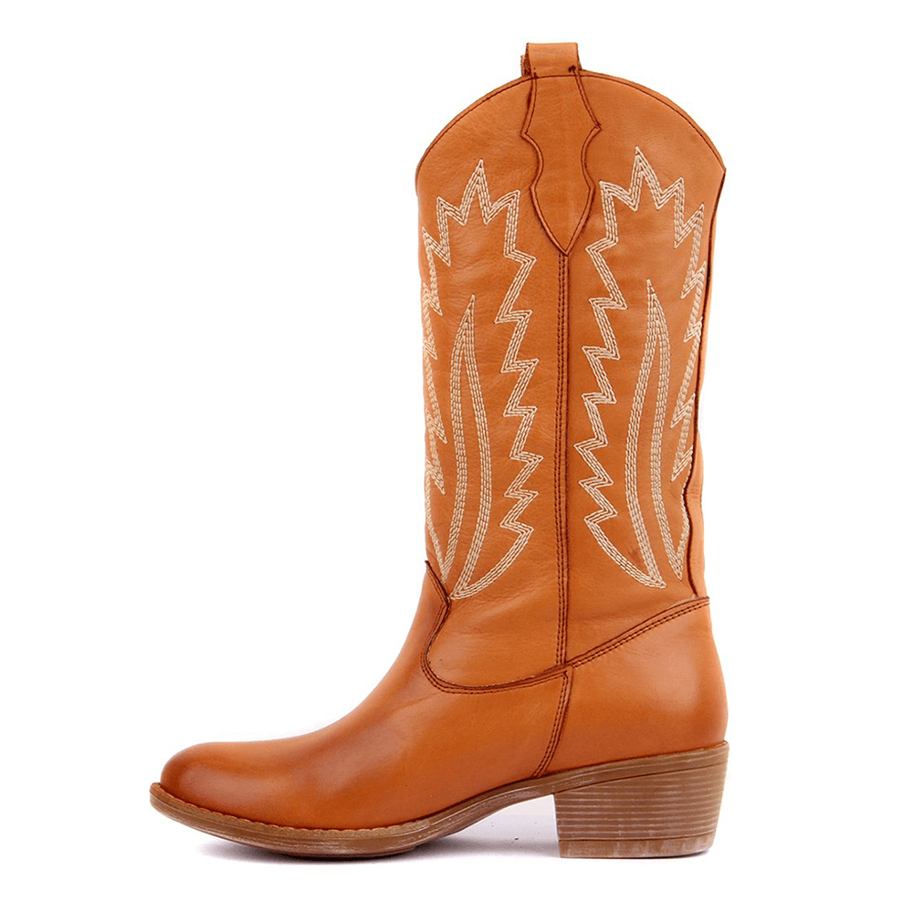 Women Retro Embroidery Leather England Style V-Cut Slip on Casual Martin Knight Boots - MRSLM