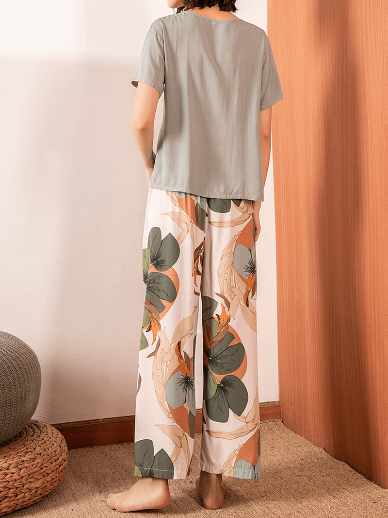 Women V-Neck Tops Tropical Plant Print Wide Leg Pants Casual Pajama Set - MRSLM